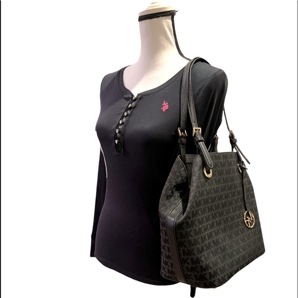 Michael Kors Jet set Grab Monogram Jacquard Black Logo Tote Bag - Picture 2 of 8